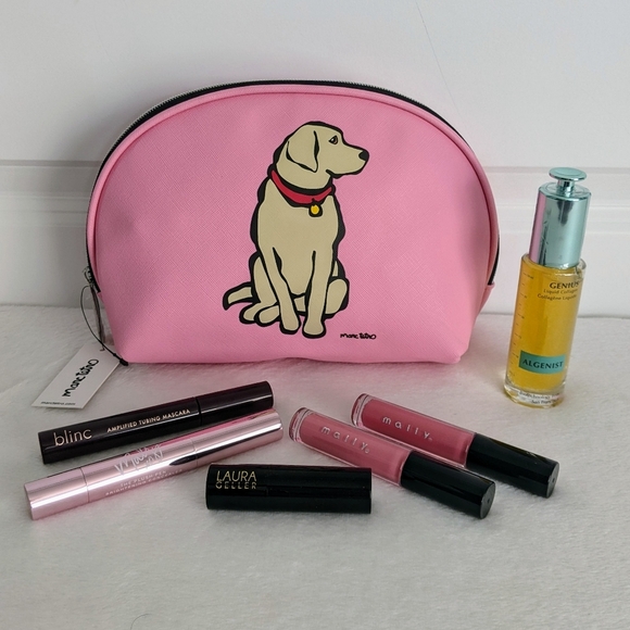 marc tetro Golden Retriever Large Cosmetic Case Pouch Bag PVC Saffiano Pink NWT - Picture 1 of 12